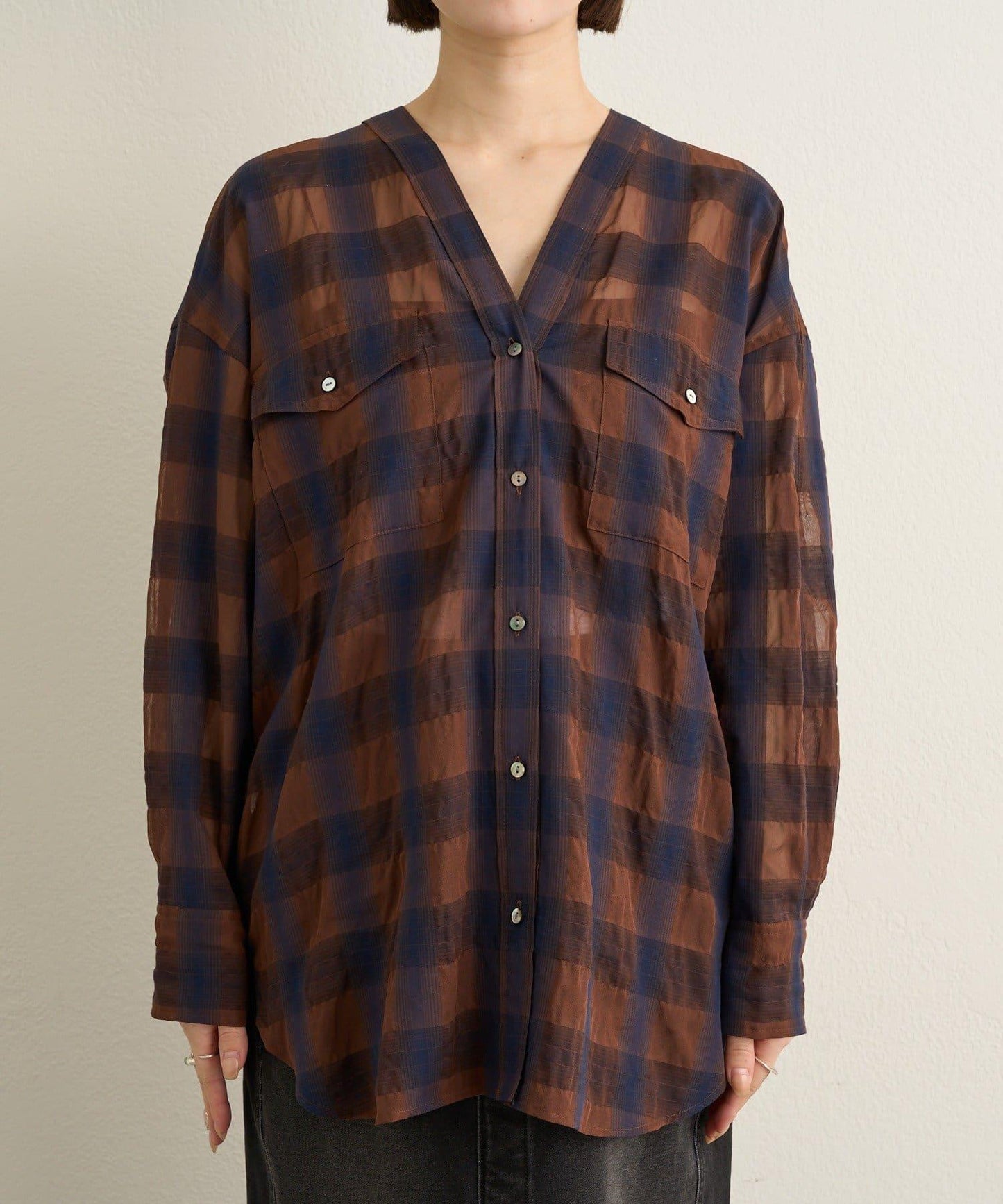 透視格紋無領襯衫