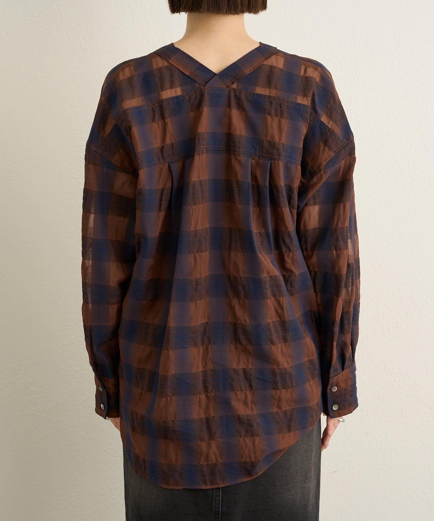 透視格紋無領襯衫