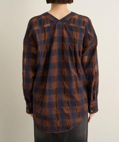 透視格紋無領襯衫