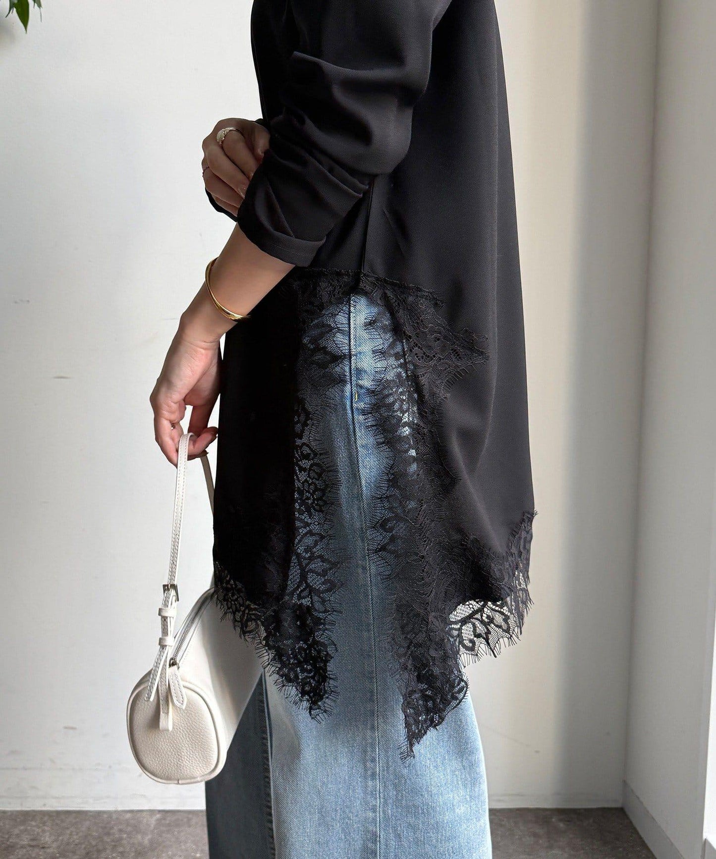 喬其紗不對稱蕾絲拼接襯衫