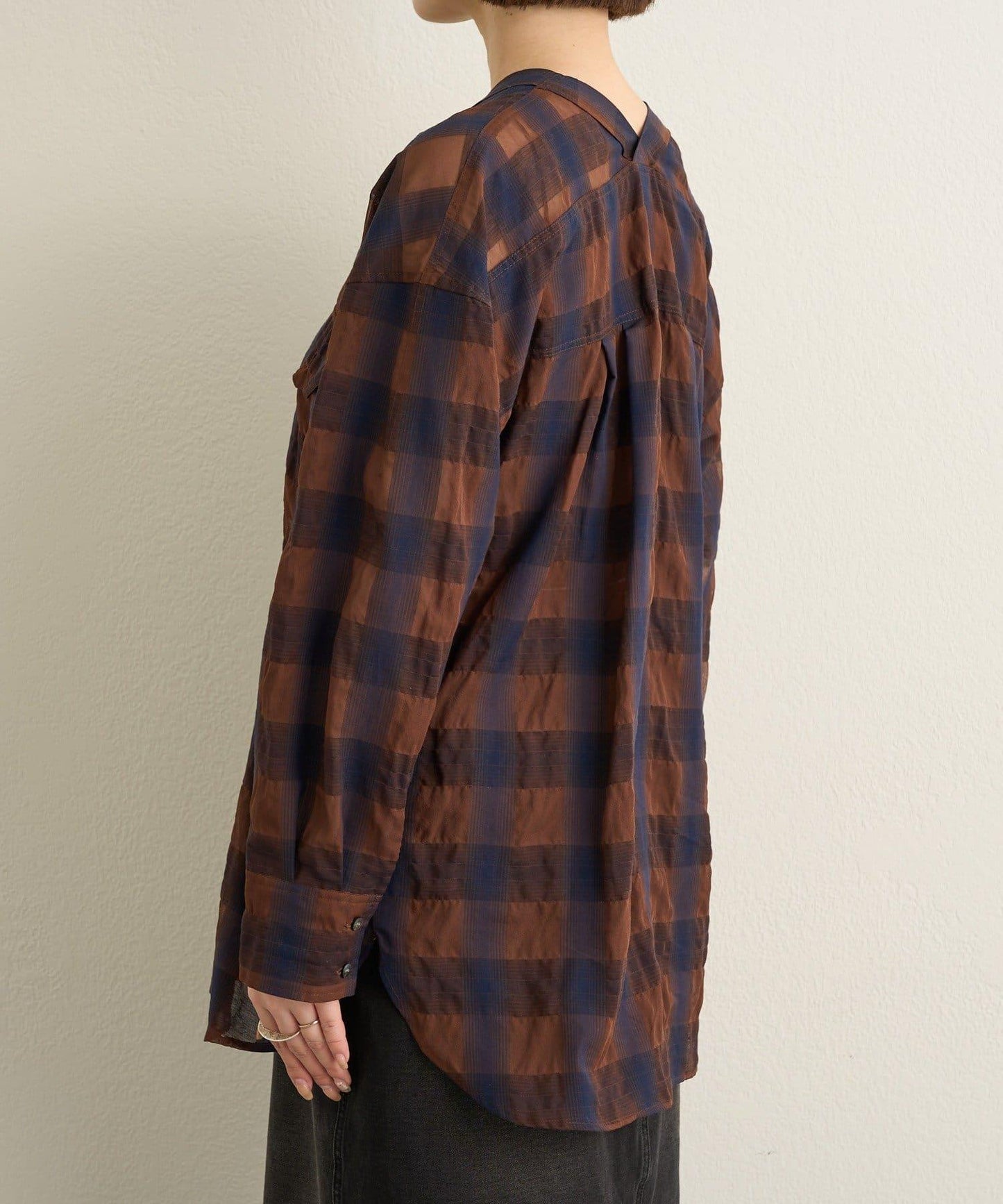 透視格紋無領襯衫