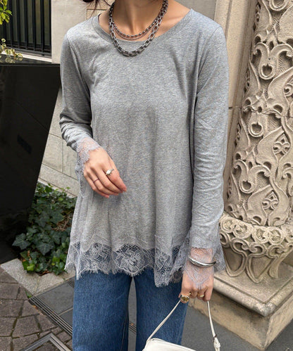 蕾絲拼接下襬長袖T恤