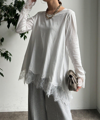 蕾絲拼接下襬長袖T恤