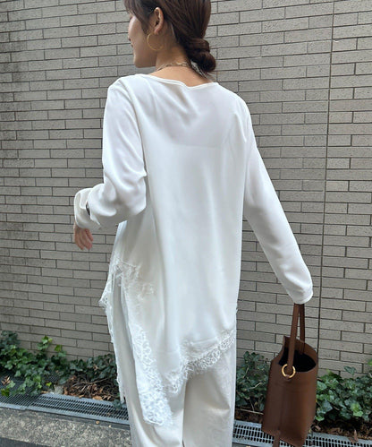 喬其紗不對稱蕾絲拼接襯衫