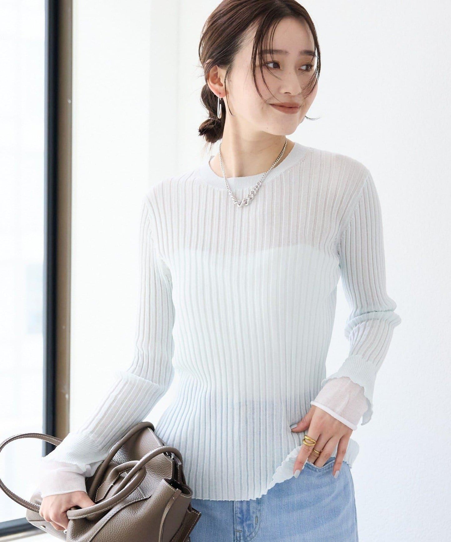 【層疊風袖口】透視袖口羅紋針織衫