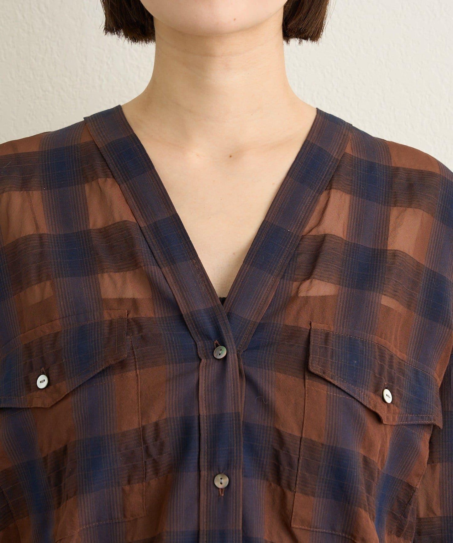 透視格紋無領襯衫