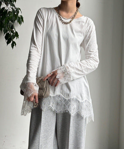 蕾絲拼接下襬長袖T恤