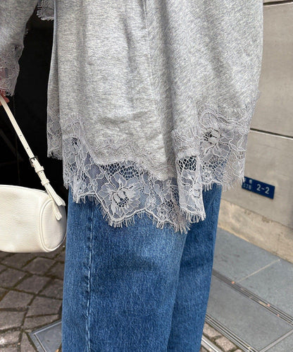 蕾絲拼接下襬長袖T恤