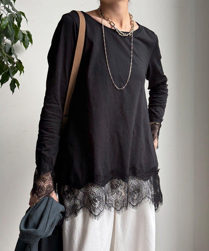 蕾絲拼接下襬長袖T恤