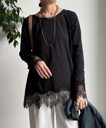 蕾絲拼接下襬長袖T恤