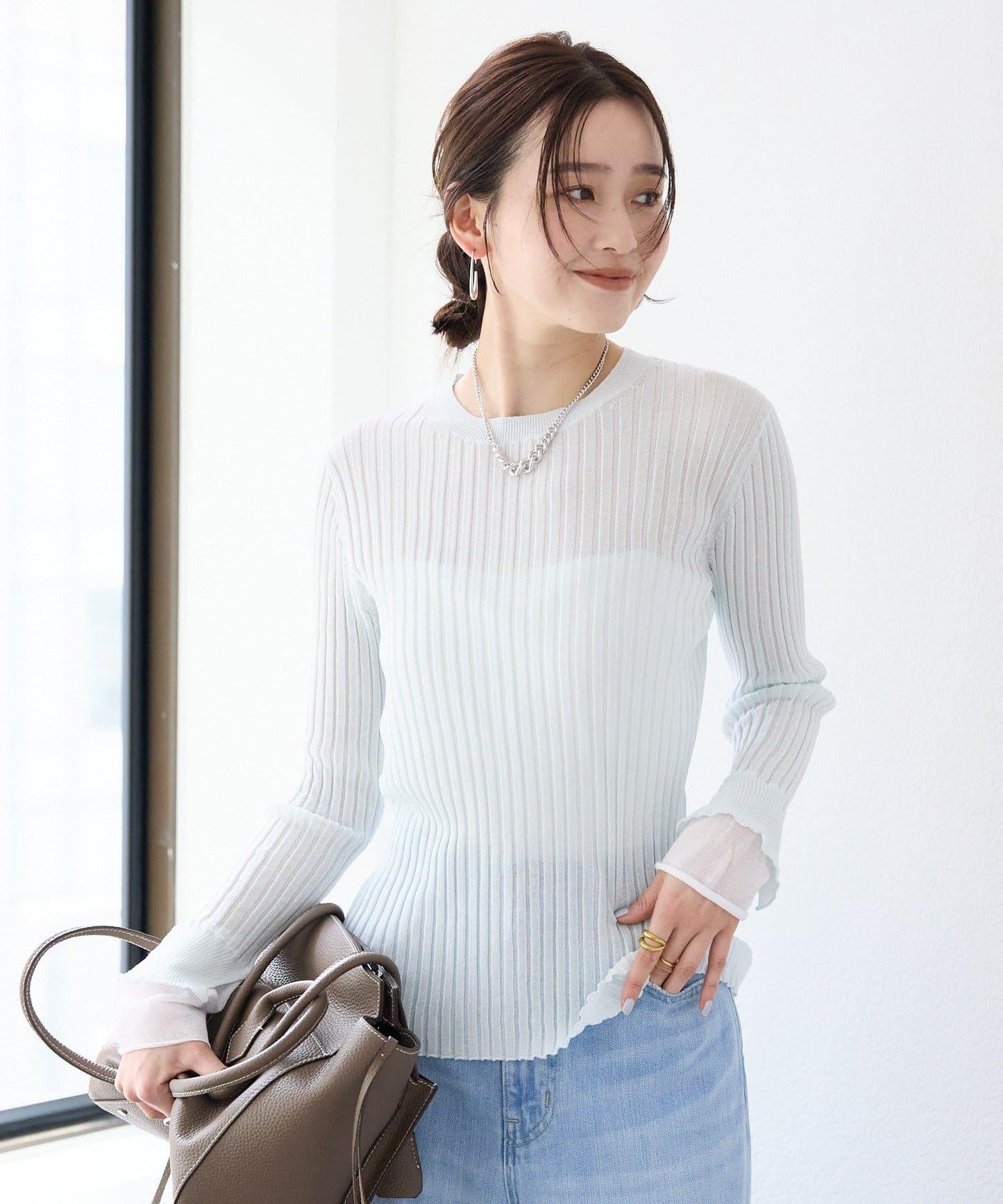 【層疊風袖口】透視袖口羅紋針織衫