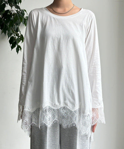 蕾絲拼接下襬長袖T恤