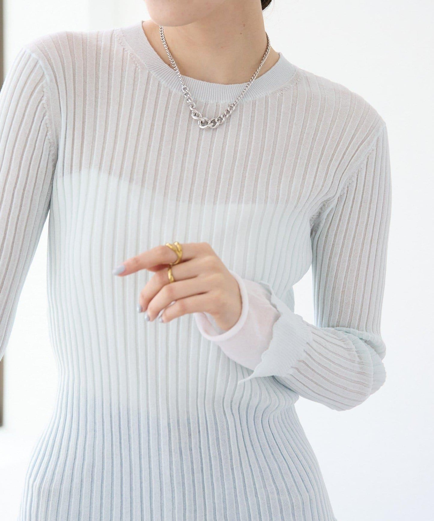 【層疊風袖口】透視袖口羅紋針織衫