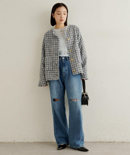 無領粗花呢夾克