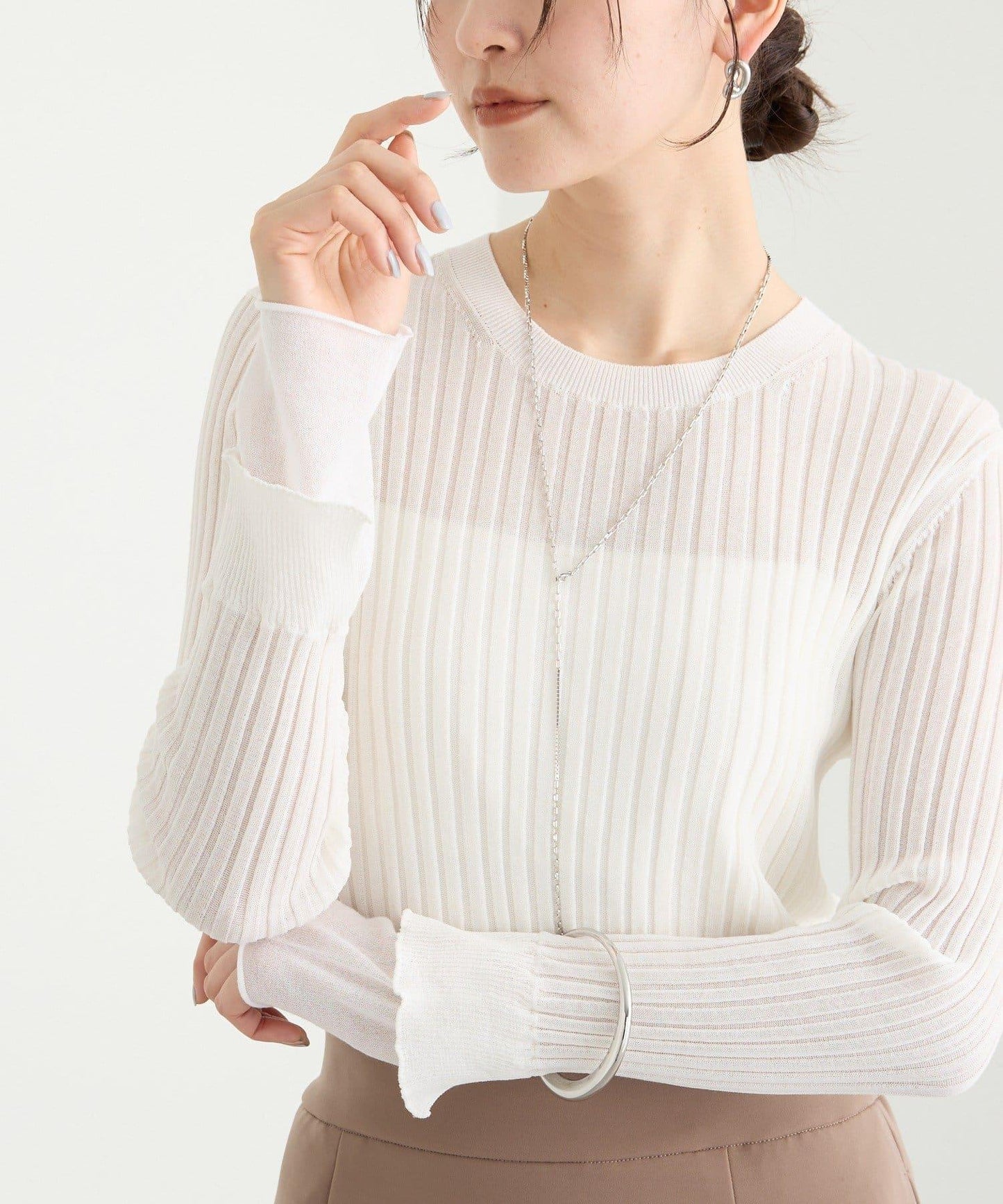 【層疊風袖口】透視袖口羅紋針織衫