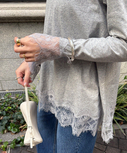 蕾絲拼接下襬長袖T恤