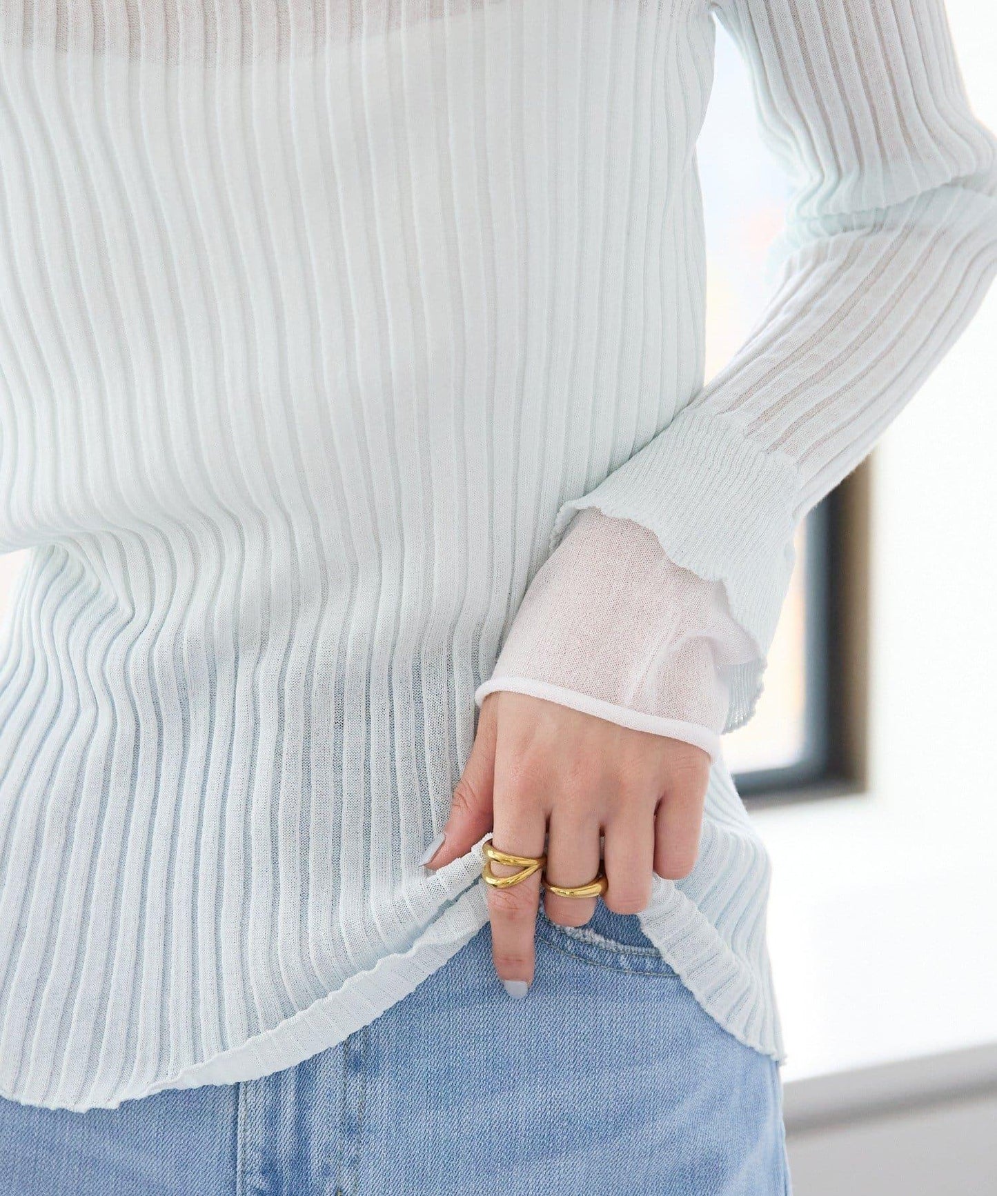 【層疊風袖口】透視袖口羅紋針織衫