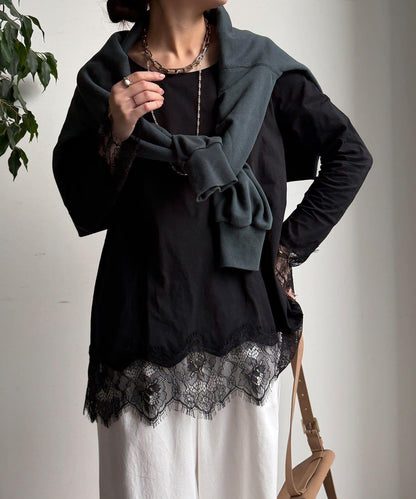 蕾絲拼接下襬長袖T恤