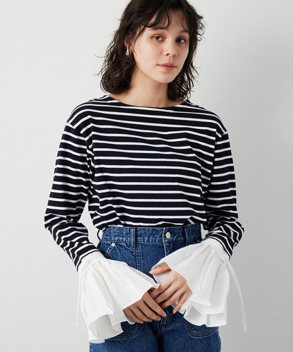 【THE PAUSE】喇叭袖條紋套頭衫