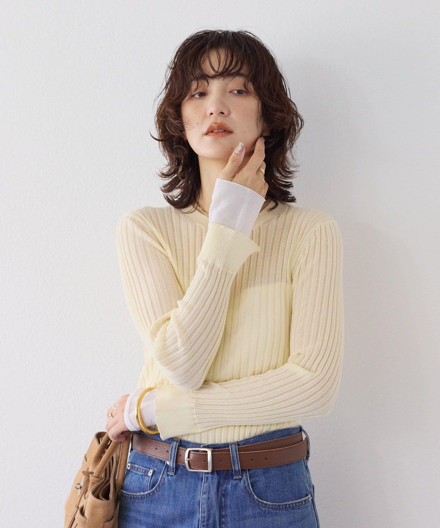 【層疊風袖口】透視袖口羅紋針織衫