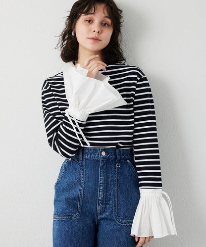 【THE PAUSE】喇叭袖條紋套頭衫