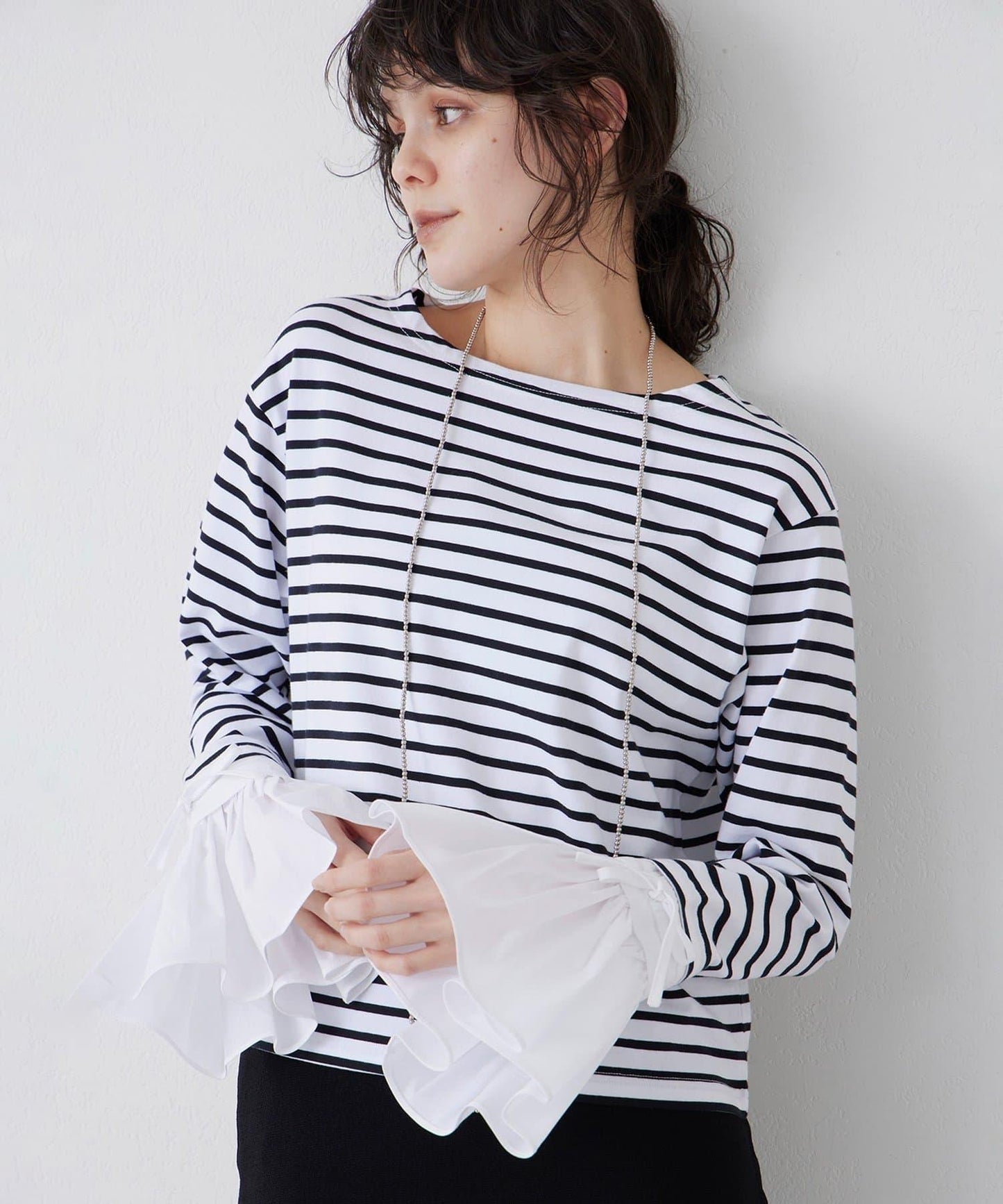 【THE PAUSE】喇叭袖條紋套頭衫