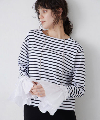 【THE PAUSE】喇叭袖條紋套頭衫