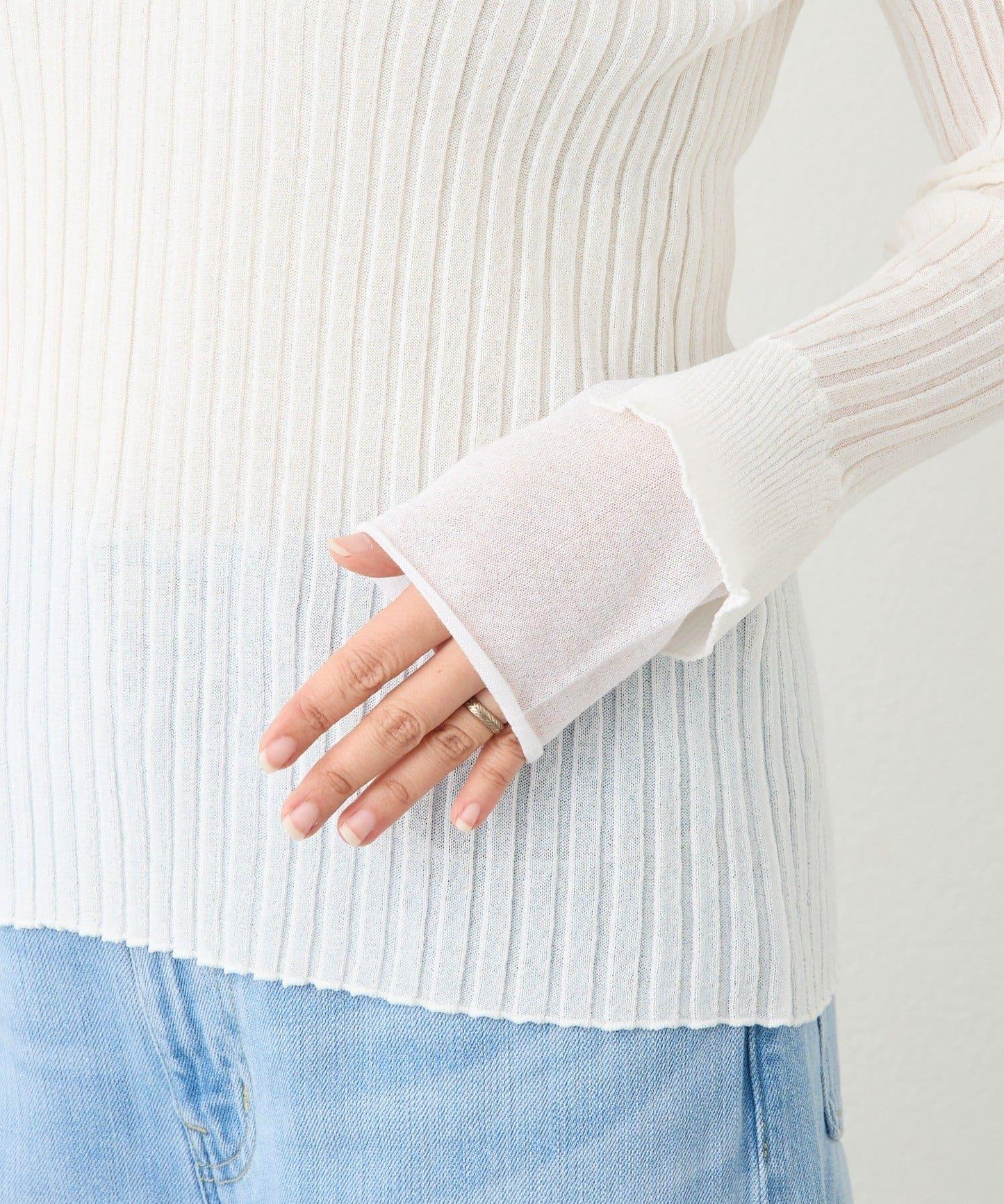 【層疊風袖口】透視袖口羅紋針織衫