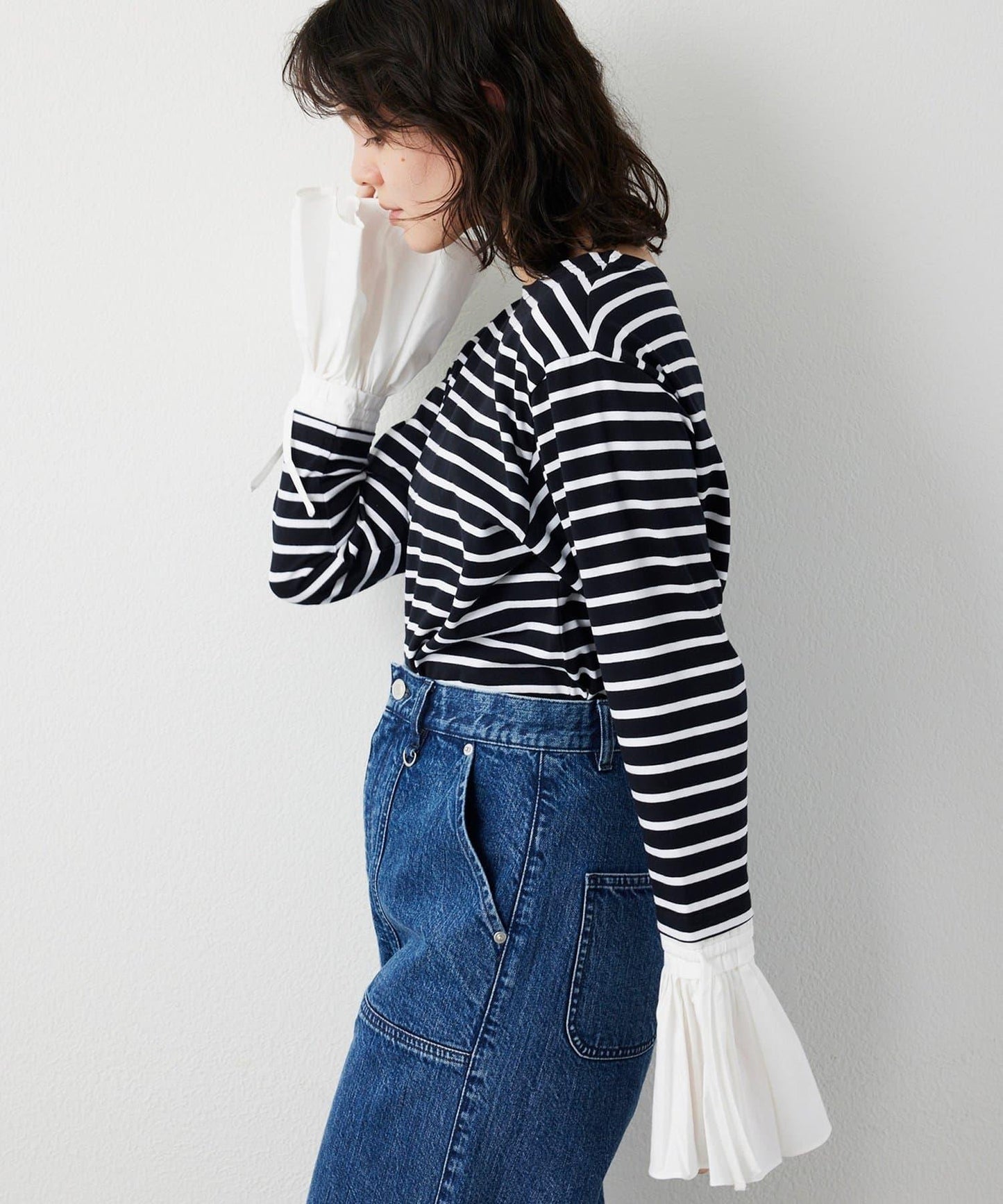 【THE PAUSE】喇叭袖條紋套頭衫