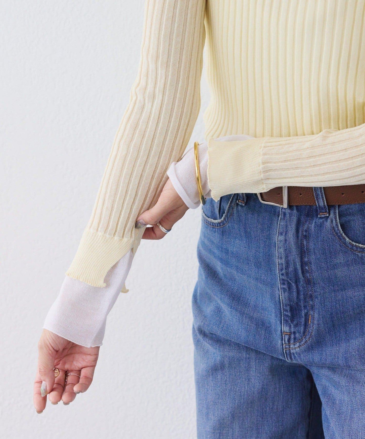 【層疊風袖口】透視袖口羅紋針織衫