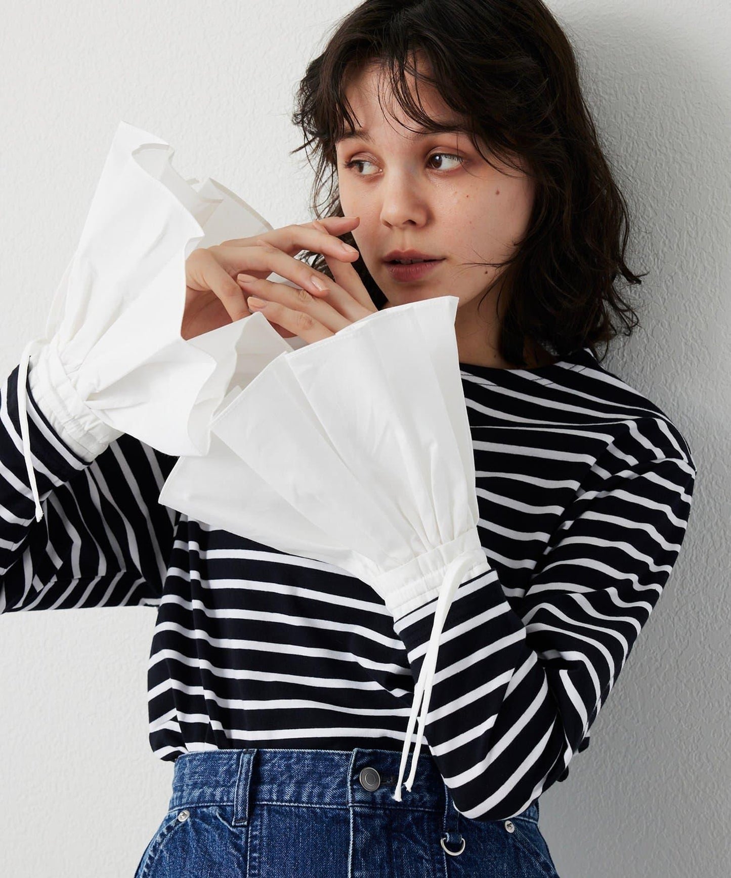 【THE PAUSE】喇叭袖條紋套頭衫