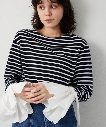 【THE PAUSE】喇叭袖條紋套頭衫