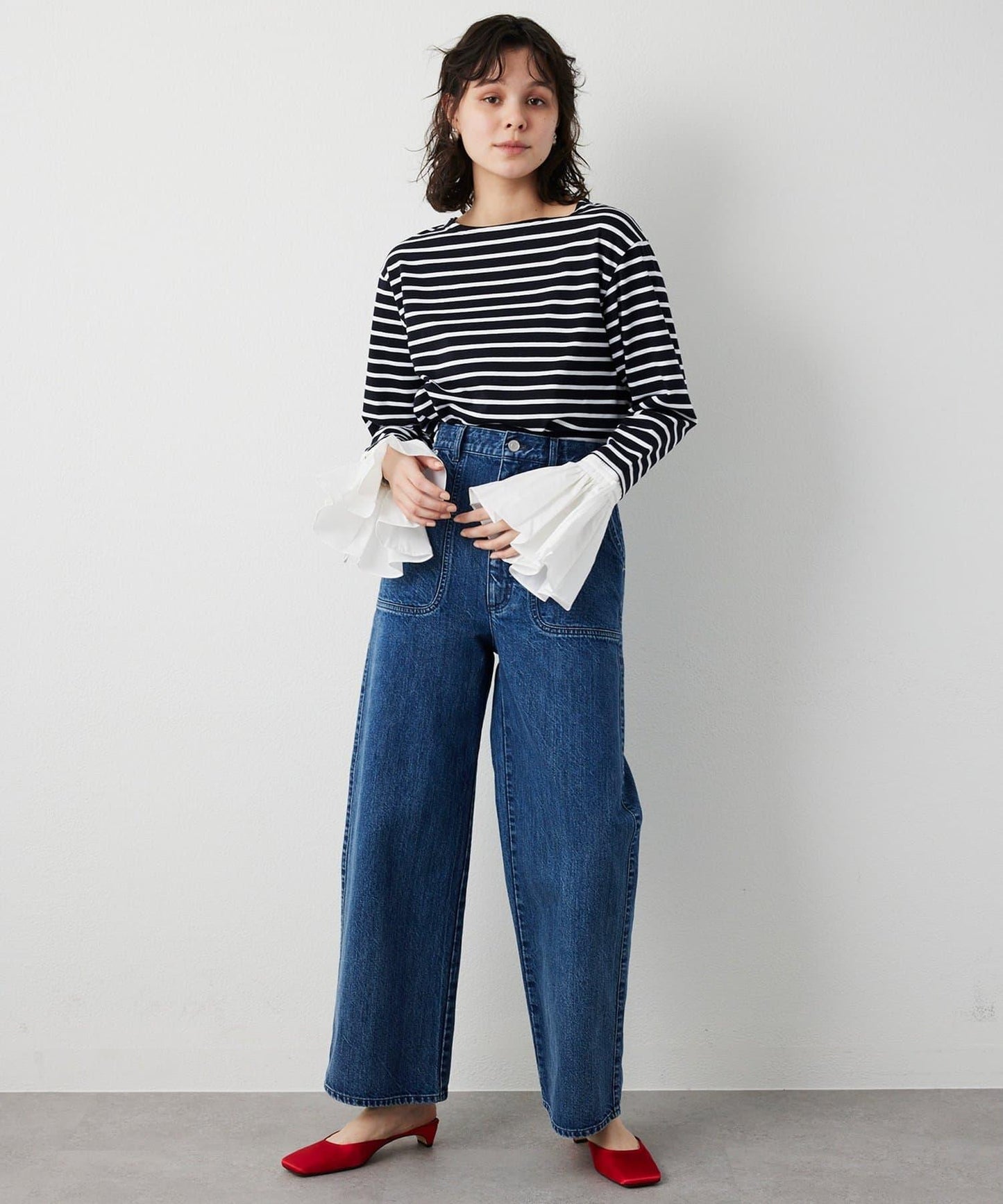 【THE PAUSE】喇叭袖條紋套頭衫