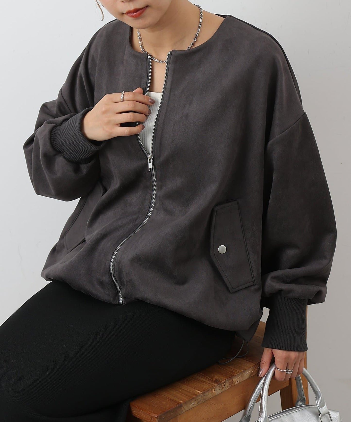 麂皮針織下襬氣球羅紋夾克