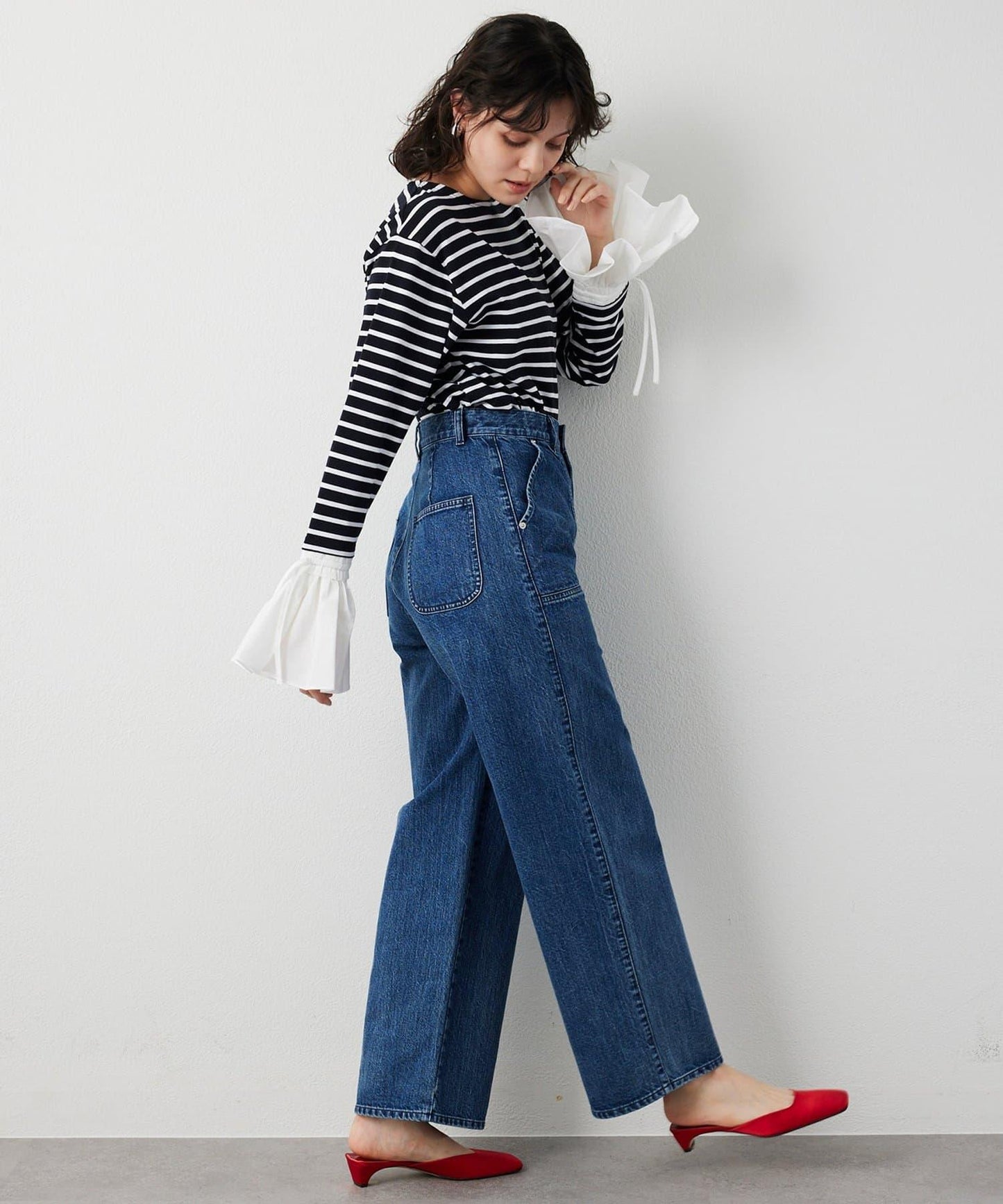 【THE PAUSE】喇叭袖條紋套頭衫