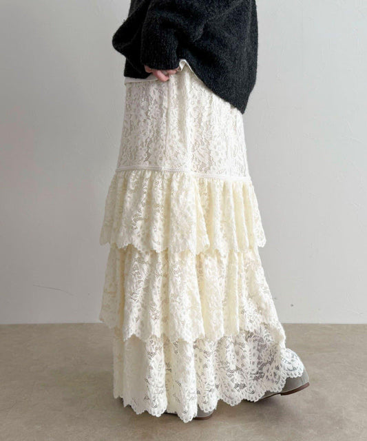 磨毛蕾絲層疊半身裙