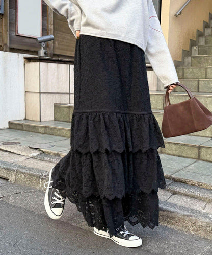 磨毛蕾絲層疊半身裙