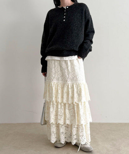 磨毛蕾絲層疊半身裙