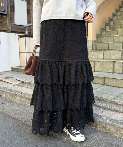 磨毛蕾絲層疊半身裙