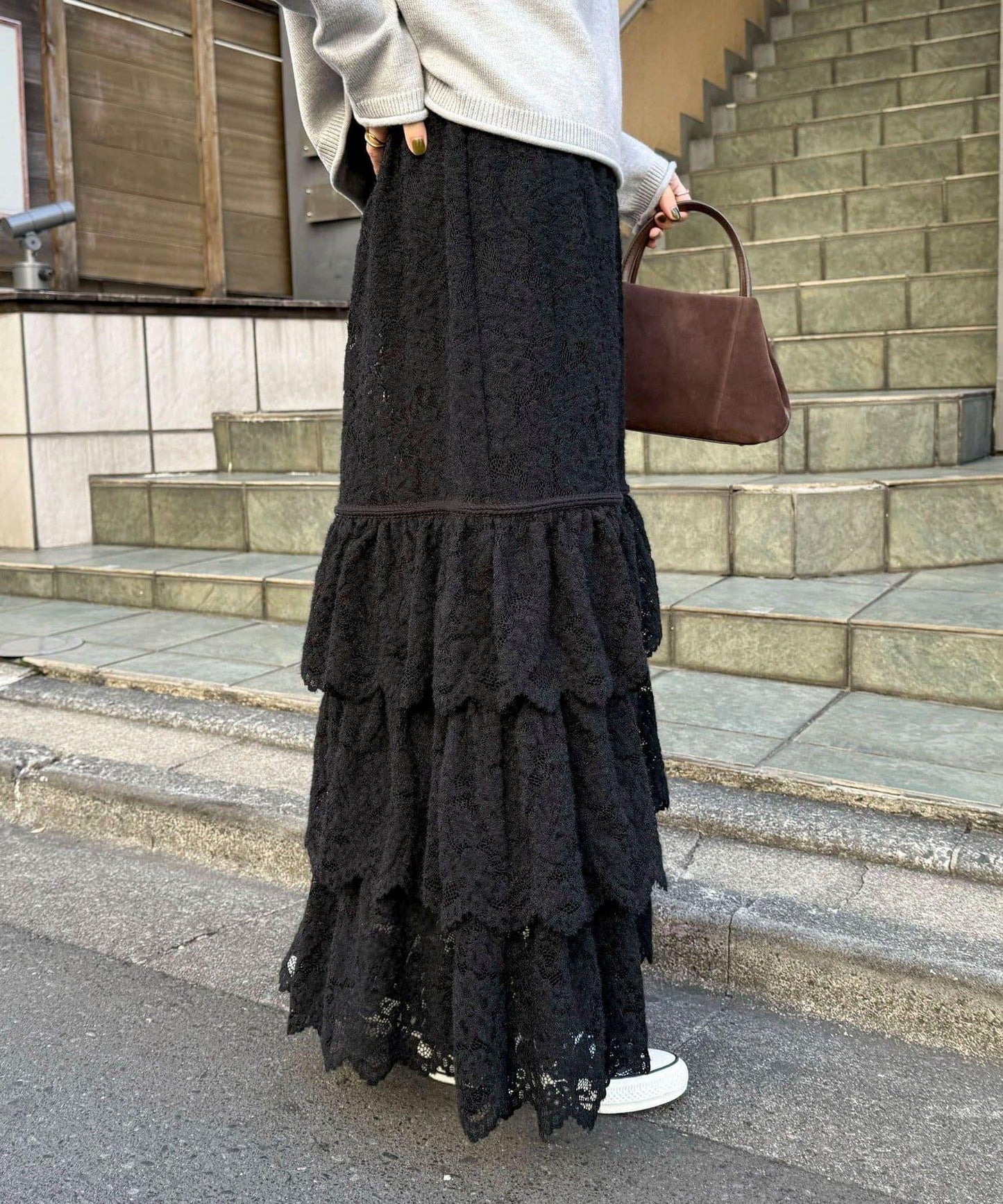 磨毛蕾絲層疊半身裙