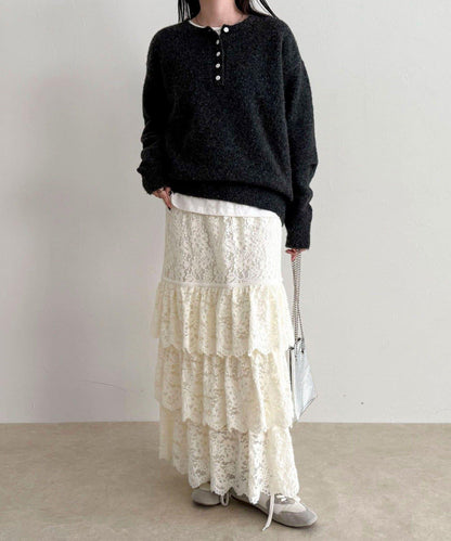 磨毛蕾絲層疊半身裙