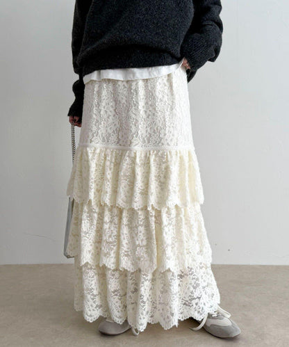 磨毛蕾絲層疊半身裙