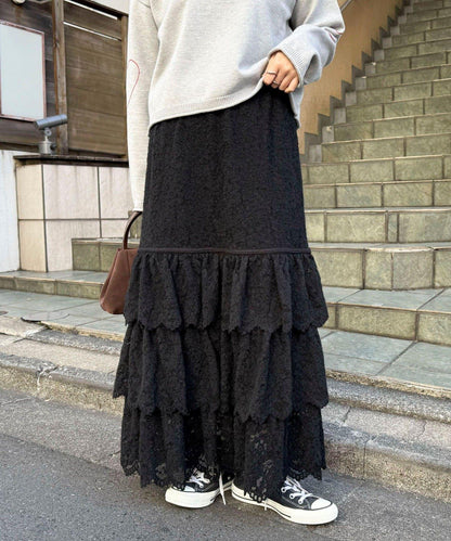 磨毛蕾絲層疊半身裙