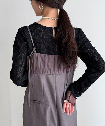 網紗拼接蕾絲長袖T恤