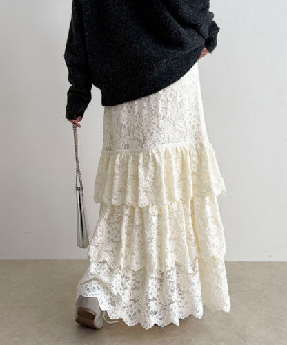 磨毛蕾絲層疊半身裙