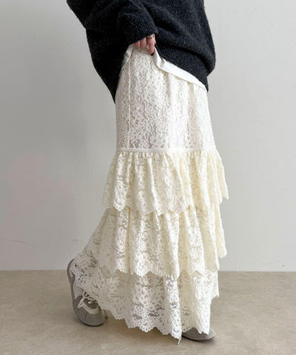 磨毛蕾絲層疊半身裙