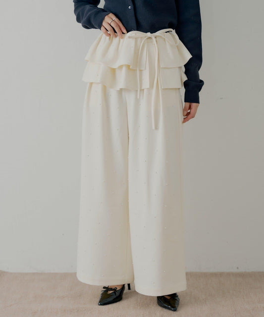 【SALON by Chico】可拆卸荷葉邊+珍珠裝飾寬鬆休閒褲