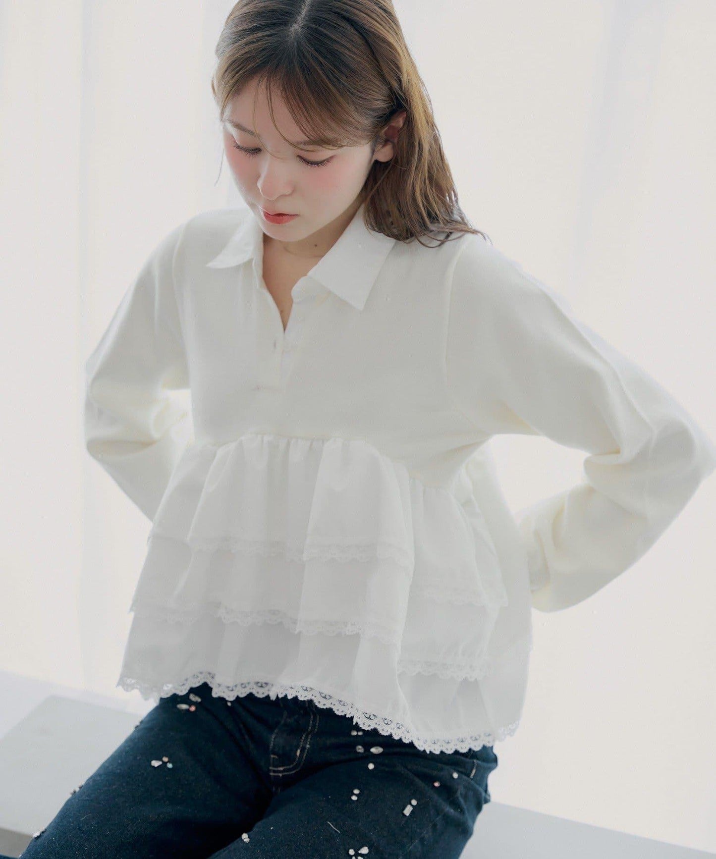 【SALON by Chico】蕾絲層疊荷葉邊翻領針織衫