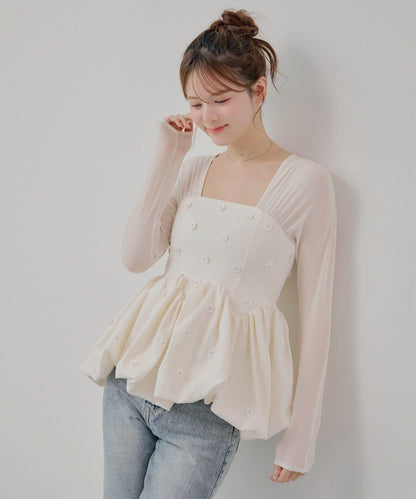 【SALON by Chico】拼接泡泡袖荷葉邊花卉襯衫