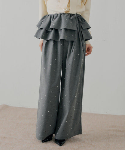 【SALON by Chico】可拆卸荷葉邊+珍珠裝飾寬鬆休閒褲